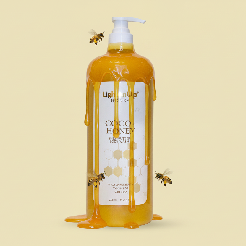 Bottle of LightenUp Honey Coco+Honey Shea Butter Body Wash on a white background