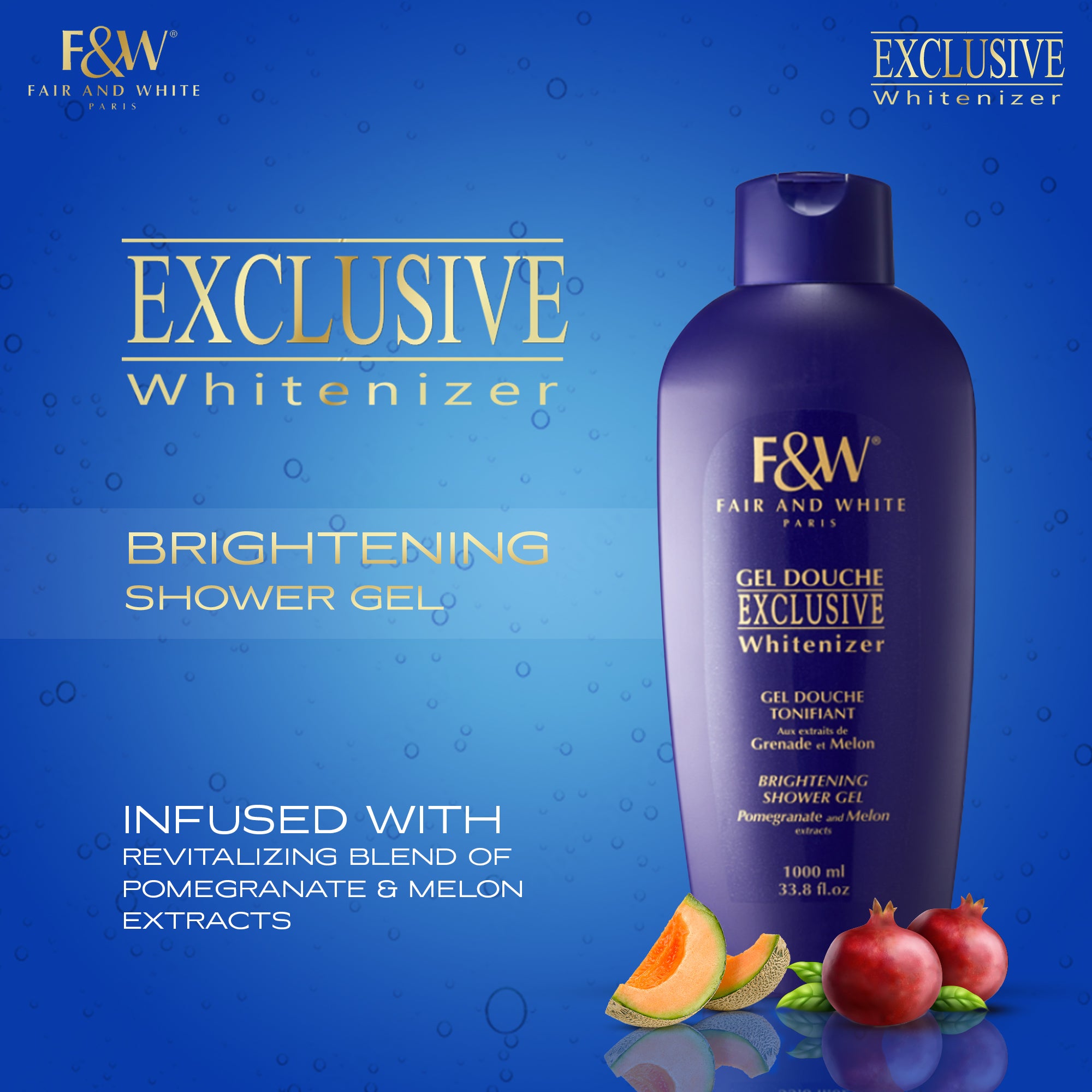 Fair & White Exclusive Shower Gel with Pomegranate and Melon Extracts (Jumbo-1000ml) mitchellbrands - Mitchell Brands - Skin Lightening, Skin Brightening, Fade Dark Spots, Shea Butter, Hair Growth Products