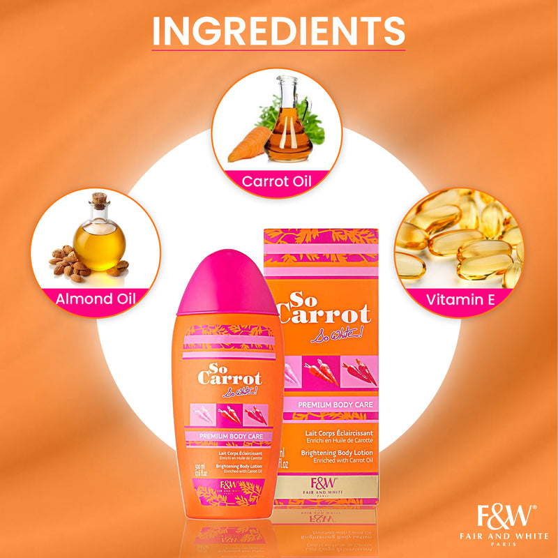Fair & White So Carrot Brightening Body Lotion 500ml / 17.6 fl. oz Fair & White So Carrot NEW - Mitchell Brands - Skin Lightening, Skin Brightening, Fade Dark Spots, Shea Butter, Hair Growth Products