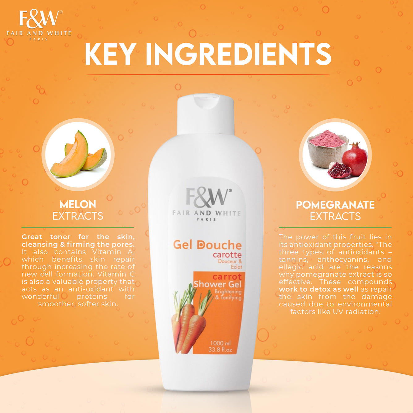 Fair & White Carrot Shower Gel With Pomegranate and Melon Extracts (Jumbo-1000ml) Fair & White So Carrot NEW - Mitchell Brands - Skin Lightening, Skin Brightening, Fade Dark Spots, Shea Butter, Hair Growth Products