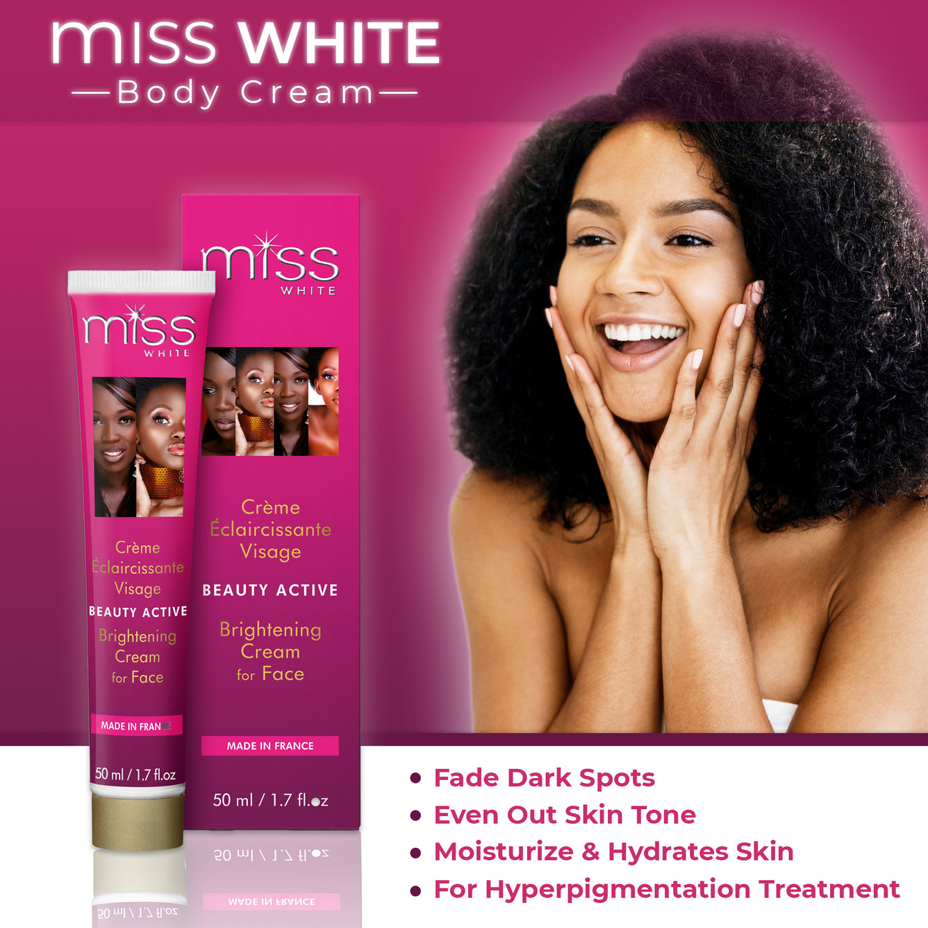 Fair & White Miss White Beauty Active Brightening Cream for Face - 50ml / 1.7 oz Fair & White - Mitchell Brands - Skin Lightening, Skin Brightening, Fade Dark Spots, Shea Butter, Hair Growth Products