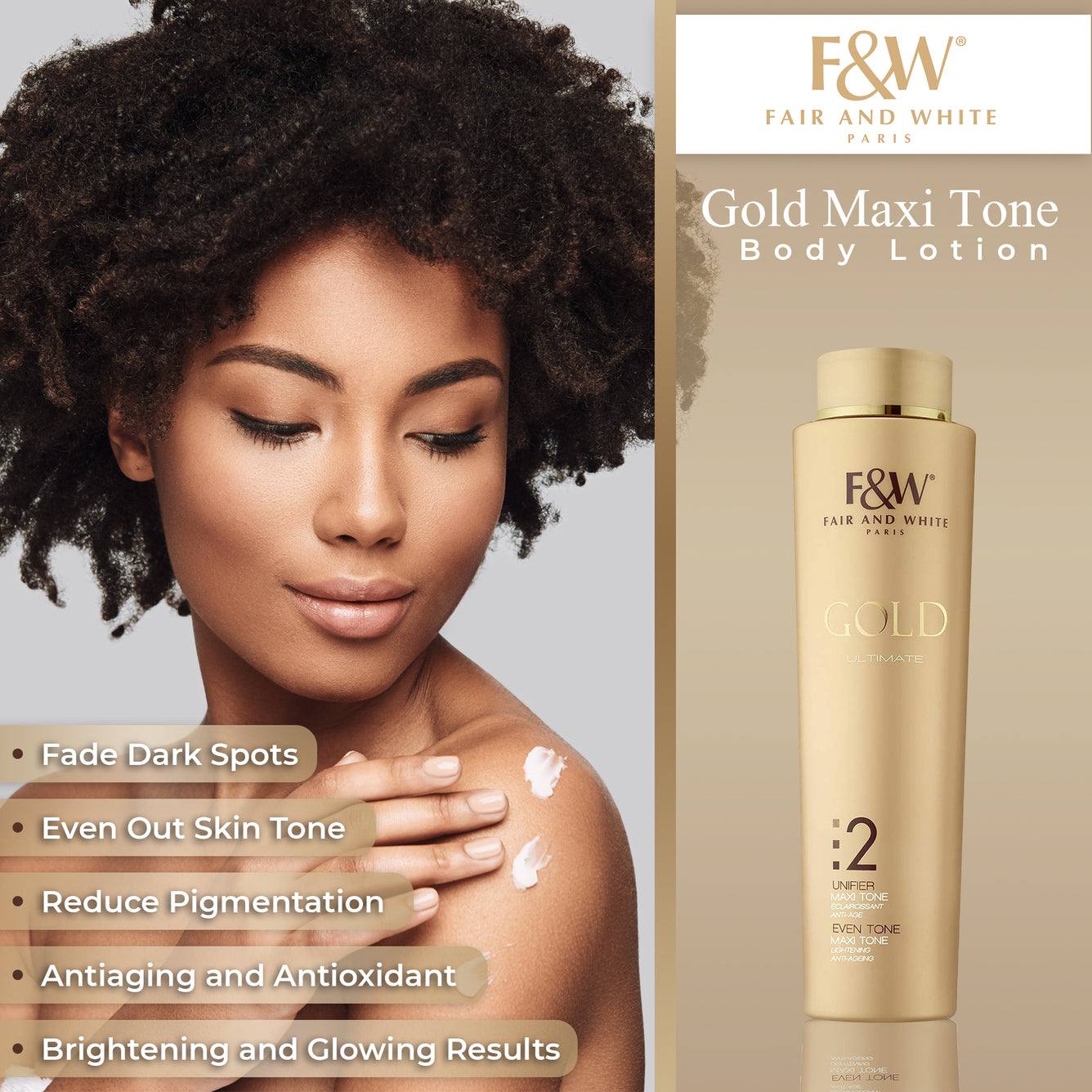 Fair & White Gold 2 Maxi Tone Body Lotion - Rejuvenates Skin - 350ml / 11.8 fl oz Fair & White - Mitchell Brands - Skin Lightening, Skin Brightening, Fade Dark Spots, Shea Butter, Hair Growth Products