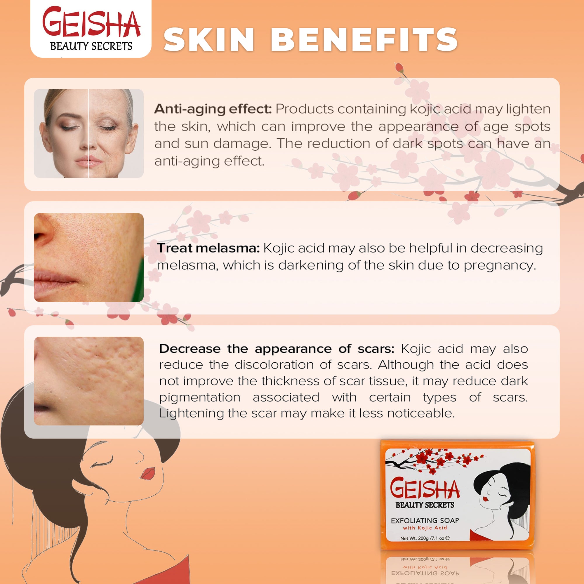 Geisha Beauty Secrets Exfoliating Soap with Kojic Acid - 200g / 7.1 oz Mitchell Brands - Mitchell Brands - Skin Lightening, Skin Brightening, Fade Dark Spots, Shea Butter, Hair Growth Products