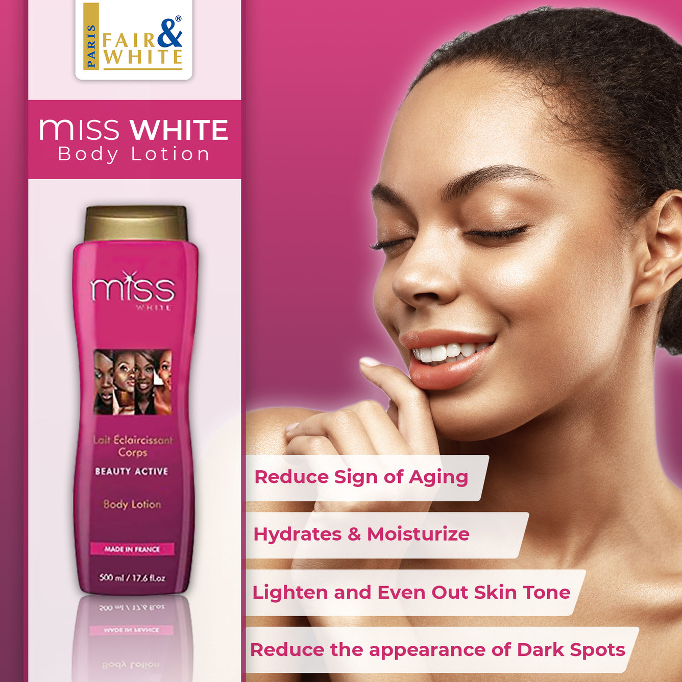 Fair & White Miss White Body Lotion 500ml Fair & White - Mitchell Brands - Skin Lightening, Skin Brightening, Fade Dark Spots, Shea Butter, Hair Growth Products