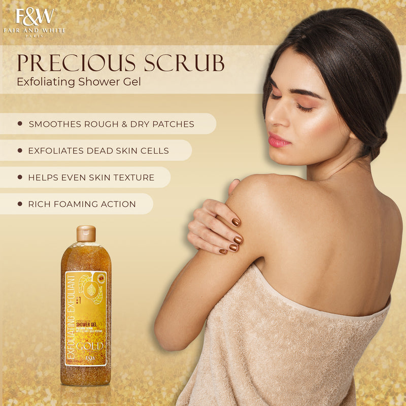 Fair & White Gold Exfoliating Shower Gel - Precious scrub NEW - Invigorates skin - 940ml / 31.8 fl oz Fair & White - Mitchell Brands - Skin Lightening, Skin Brightening, Fade Dark Spots, Shea Butter, Hair Growth Products