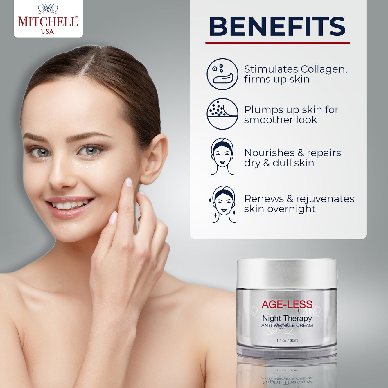 Mitchell Brands Ageless Night Therapy Anti-Wrinkle Cream 30ml / 1 fl oz Mitchell Brands - Mitchell Brands - Skin Lightening, Skin Brightening, Fade Dark Spots, Shea Butter, Hair Growth Products