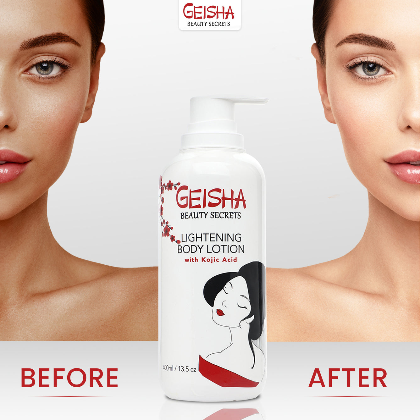 Geisha Beauty Secrets Brightening Body Lotion with Kojic Acid - 400ml / 13 fl oz Mitchell Brands - Mitchell Brands - Skin Lightening, Skin Brightening, Fade Dark Spots, Shea Butter, Hair Growth Products