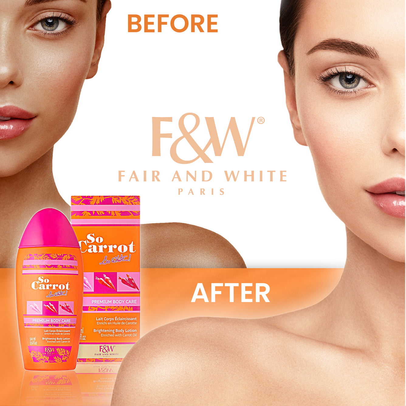 Fair & White So Carrot Brightening Body Lotion 500ml / 17.6 fl. oz Fair & White So Carrot NEW - Mitchell Brands - Skin Lightening, Skin Brightening, Fade Dark Spots, Shea Butter, Hair Growth Products