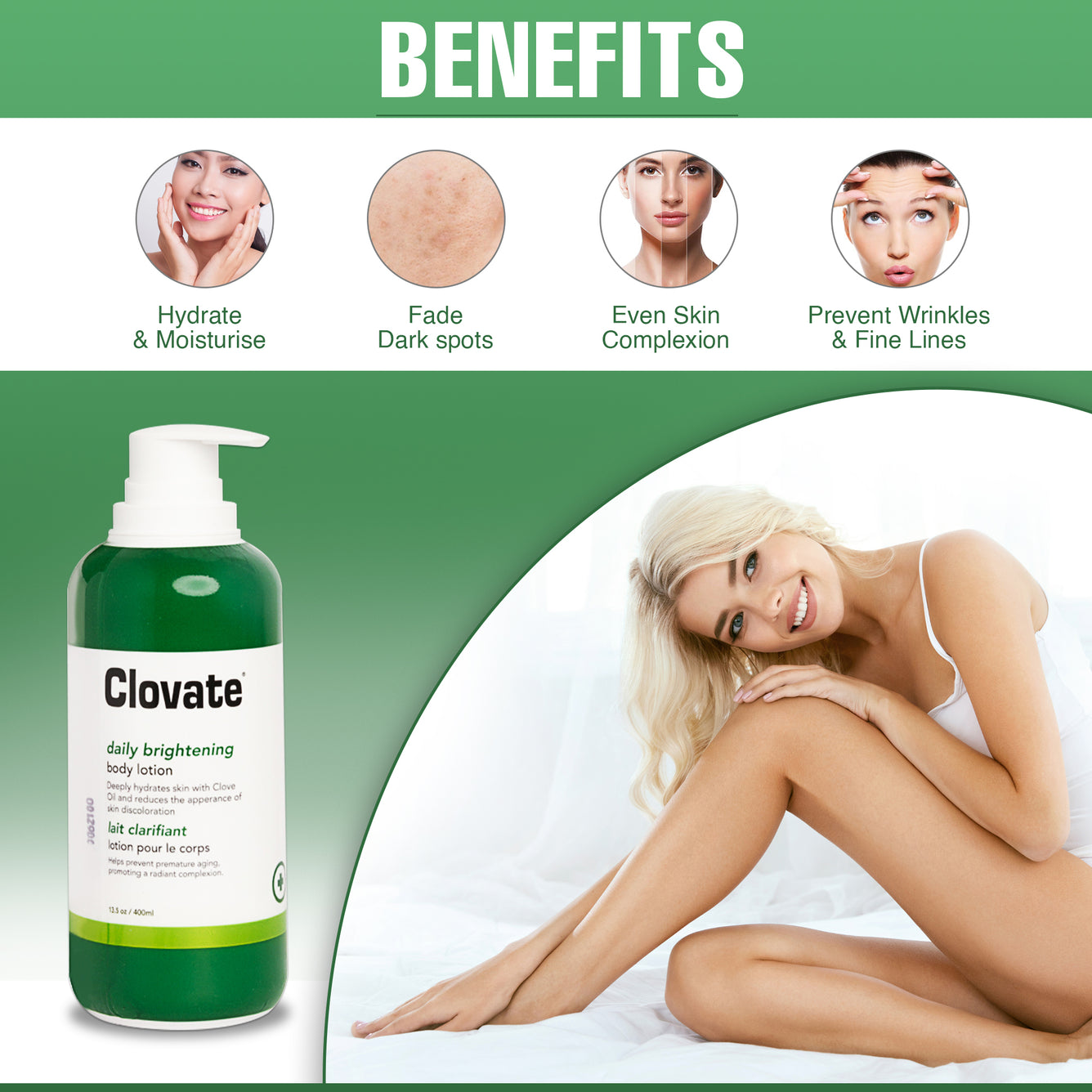 Clovate Intense Body Lotion (with Airless pump) - 400ml / 13.5 oz Mitchell Group USA, LLC - Mitchell Brands - Skin Lightening, Skin Brightening, Fade Dark Spots, Shea Butter, Hair Growth Products