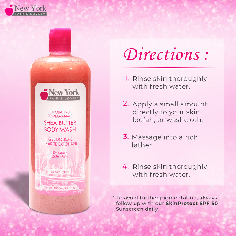 New York Fair & Lovely Exf. Pomegranate Shea Butter Body Wash - 1000ml / 33.81 Oz New York Fair & Lovely - Mitchell Brands - Skin Lightening, Skin Brightening, Fade Dark Spots, Shea Butter, Hair Growth Products