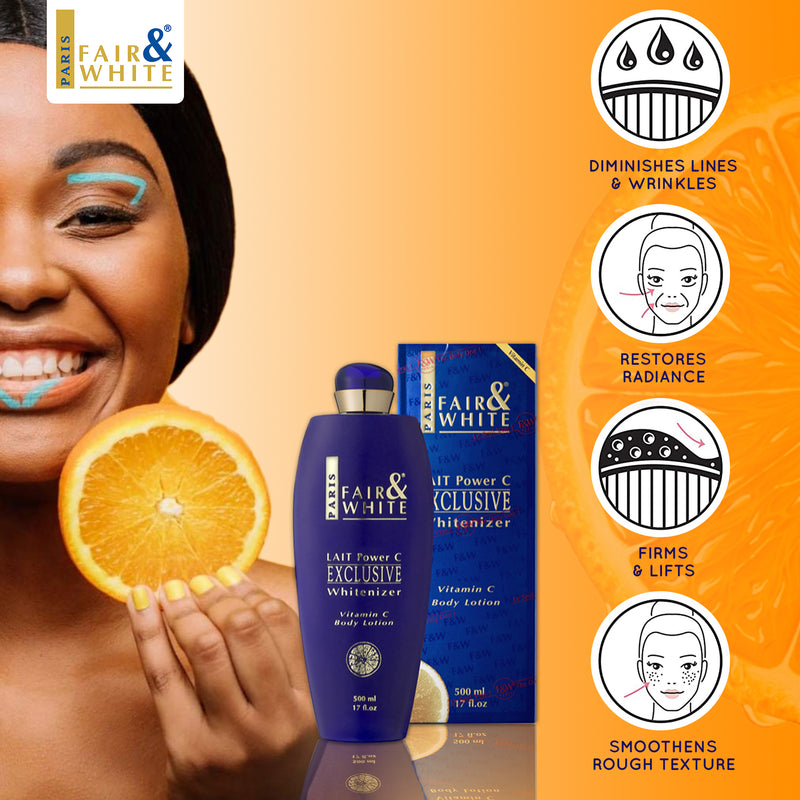 Fair & White Exclusive Body Lotion with Pure Vitamin "C" - Radiant Skin - 500ml / 17 fl oz Fair & White Exclusive - Mitchell Brands - Skin Lightening, Skin Brightening, Fade Dark Spots, Shea Butter, Hair Growth Products
