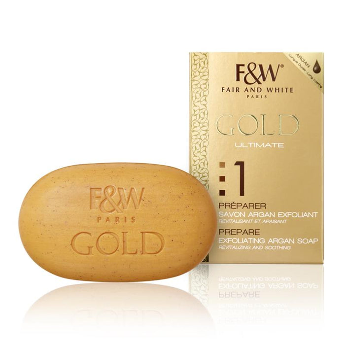 Fair and White 1: Gold Exfoliating Soap with Argan Oil 200g Fair & White - Mitchell Brands - Skin Lightening, Skin Brightening, Fade Dark Spots, Shea Butter, Hair Growth Products